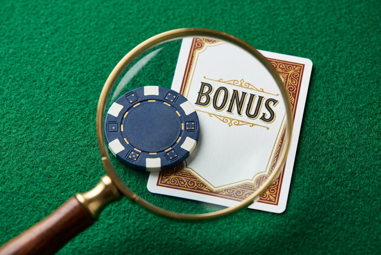 Detailní záběr na lupu zkoumající kasinový žeton a kartu s nápisem Bonus